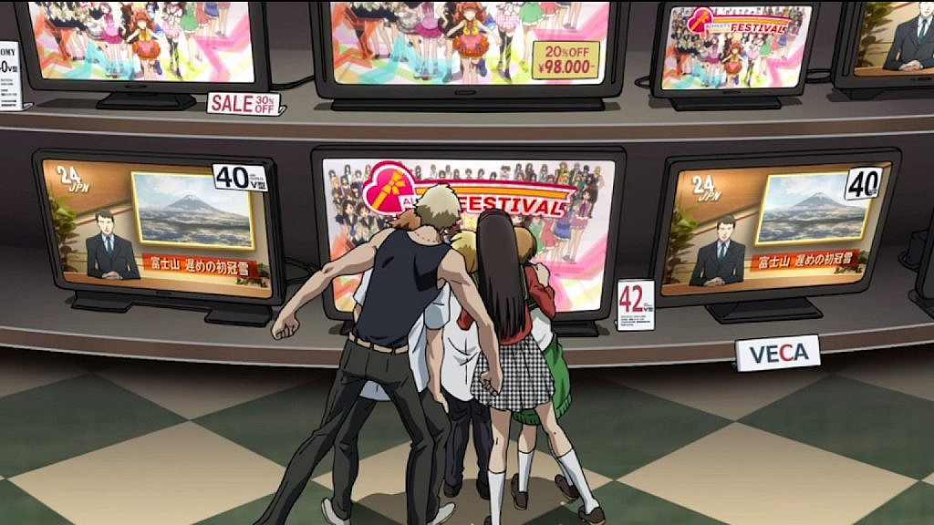 A group of human characters watching a TV screen with many TVs next to it.