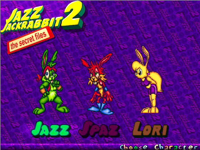 Three main characters of the game, all anthropomorphic rabbits called Jazz, Spaz and Lori