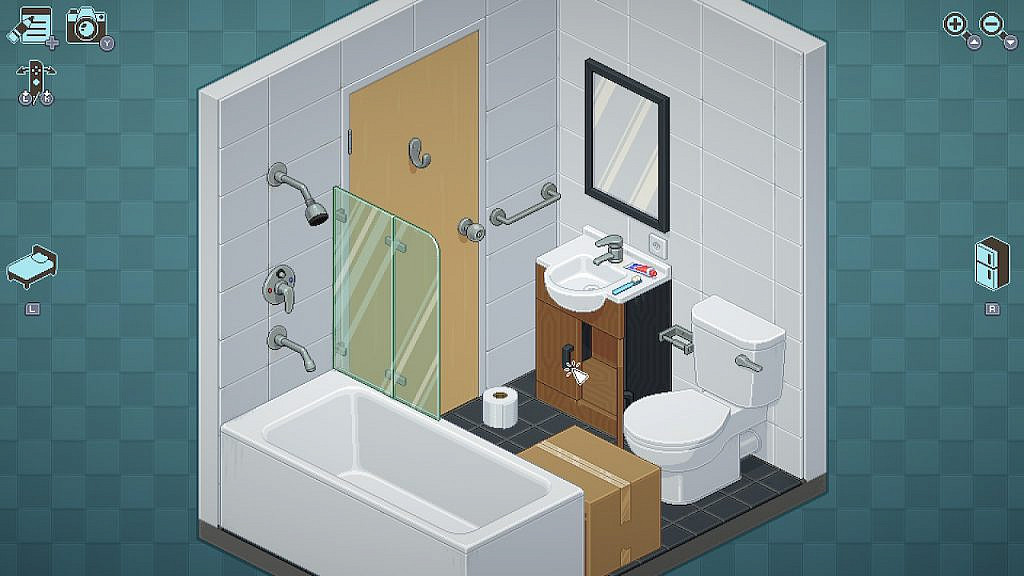 Bathroom with a sink, toilet and bathtub, closed moving box.