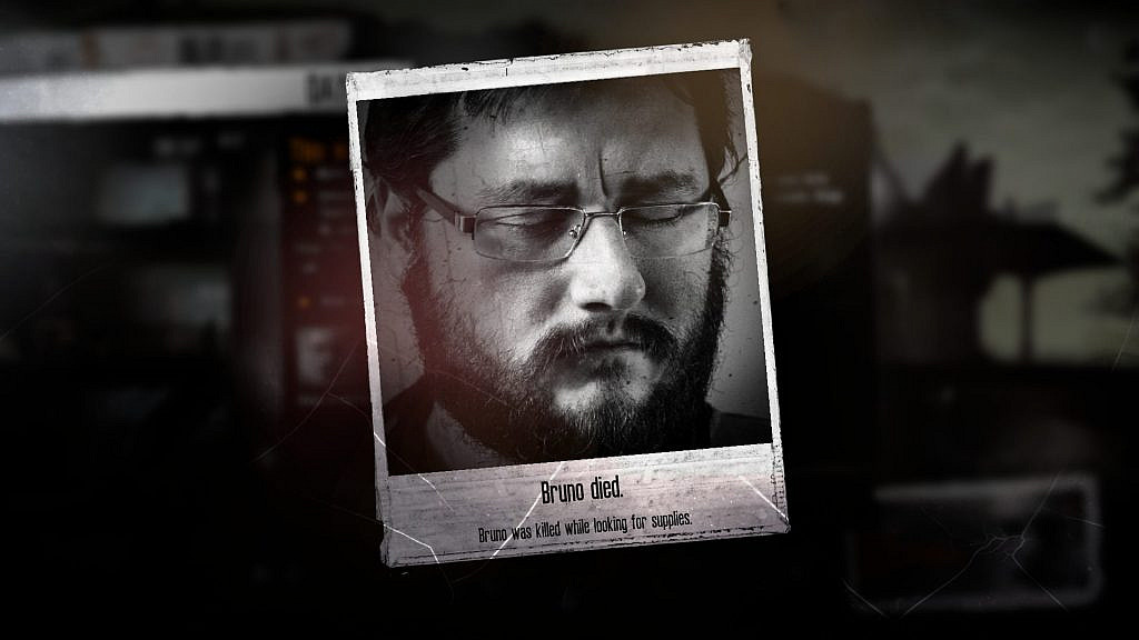 Polaroid picture of real person, eyes closed. He has beard, mustache and eyeglasses. Person depicts Bruno´s character who is indicated (below the picture) to have been killed while looking for supplies.