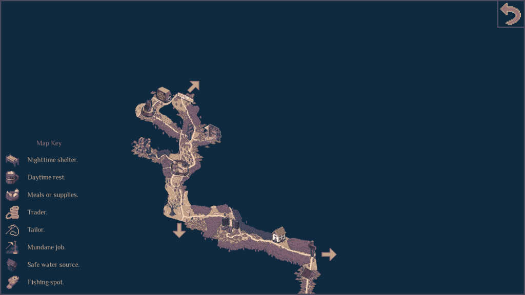 The games overworld map. Places where player has travelled are visible, while everything else is still black.