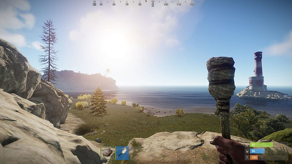 Screenshot of the player start with only a rock and a torch in the inventory.