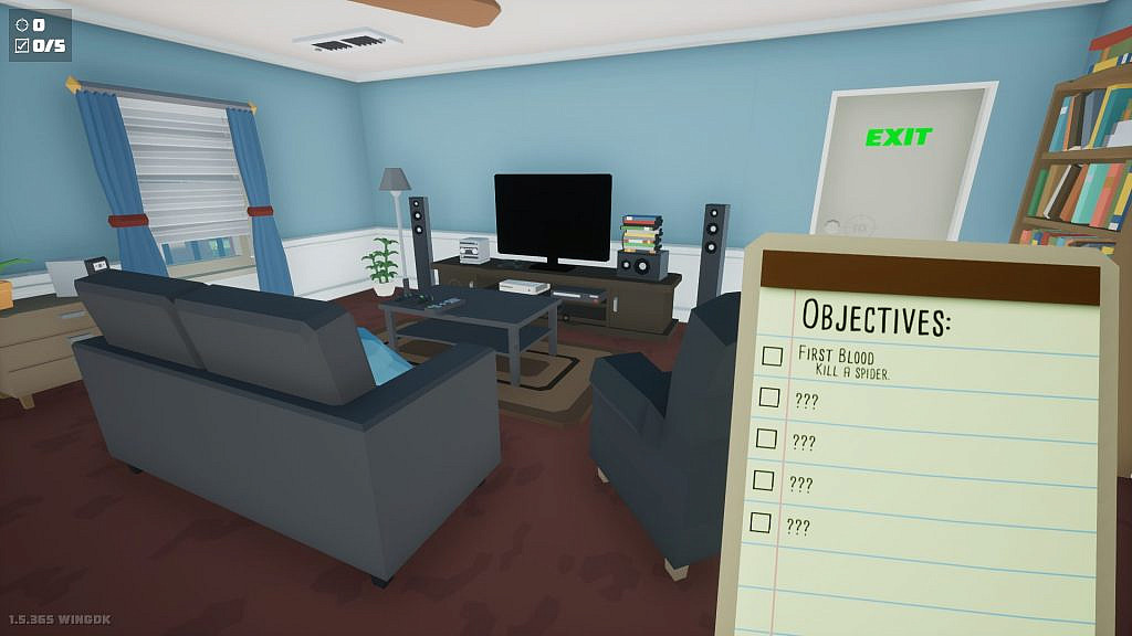 Player standing in still clean living room holding a clipboard.