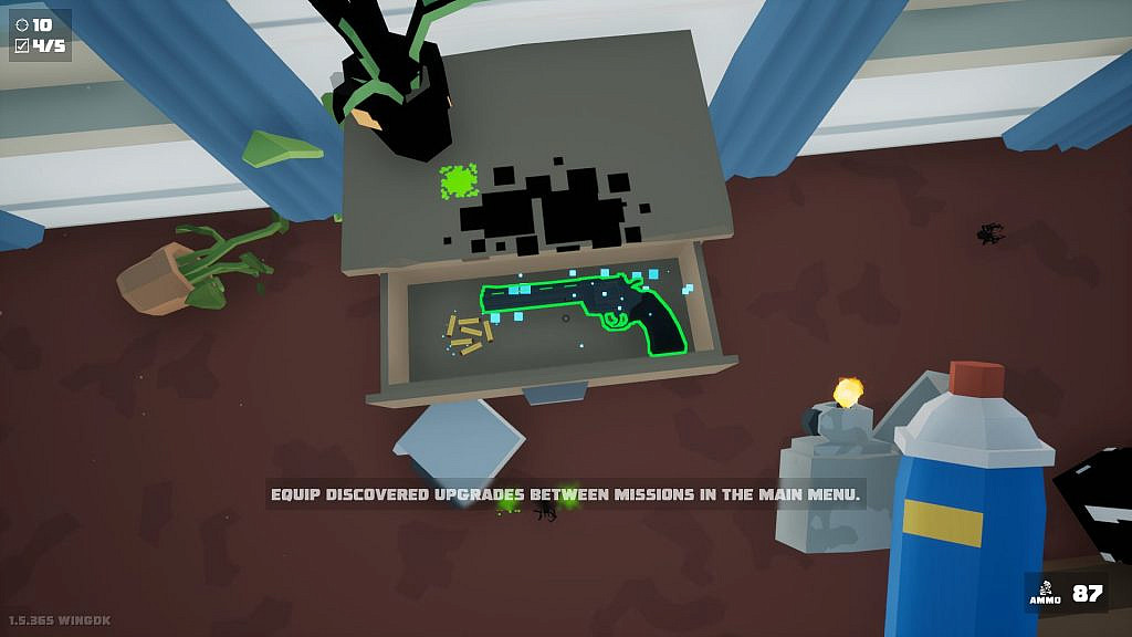 Player looking down in a drawer that has revolver in it.