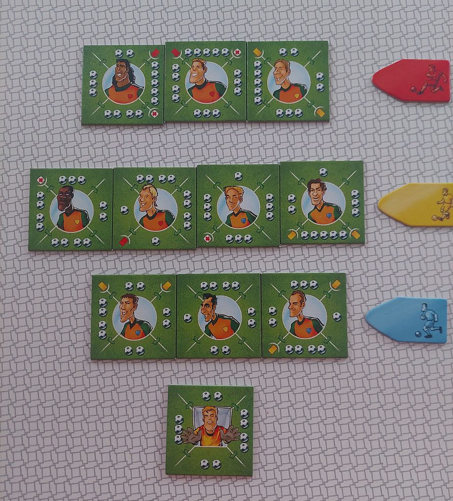 Footballer cards arranged in a tactical formation with attackers, midfielders, defenders and a goalkeeper