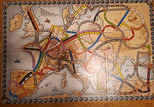 A picture of the game board in Ticket To Ride.