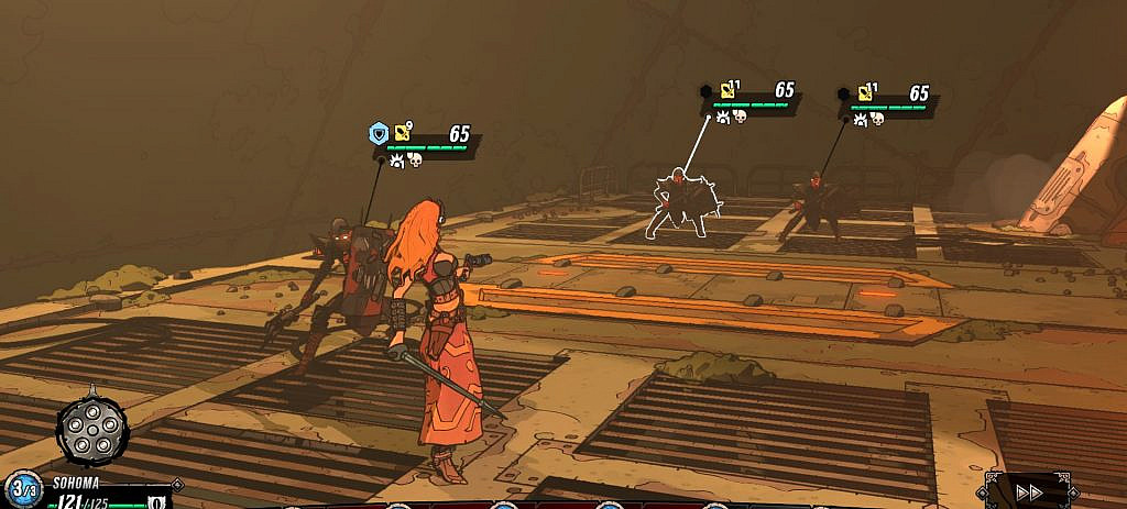 Sohoma from Beneath Oresa facing three armoured enemies in an elite combat.