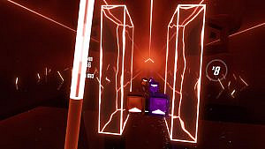 A light sabre in a red space, two red walls, and cubes in red and purple.