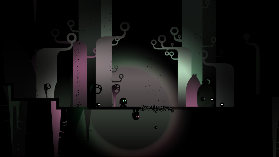 A dark level. There are circles of dim light around the characters, otherwise its dark and the level design is difficult to see.