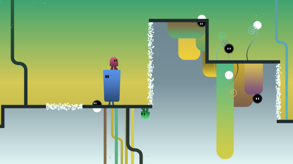 The characters ibb and obb in a level that includes spiky black enemies, a square platform character and white gravity wall parts.