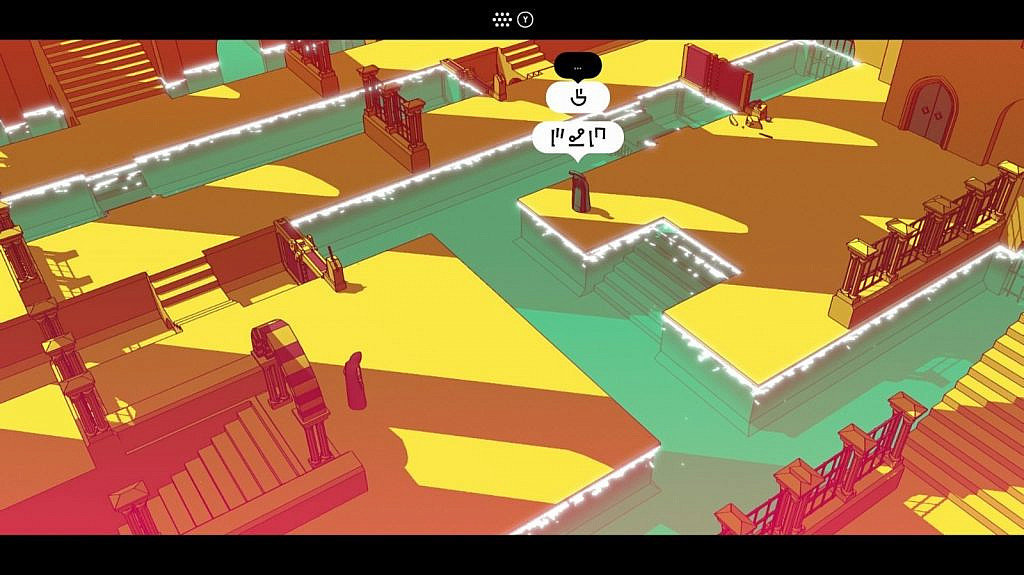 A place that resembles an aqueduct with the water filling some passages and being blocked in other points. The player character and an NPC are separated by water. The NPC has two bubble speech with four unknown symbols. 