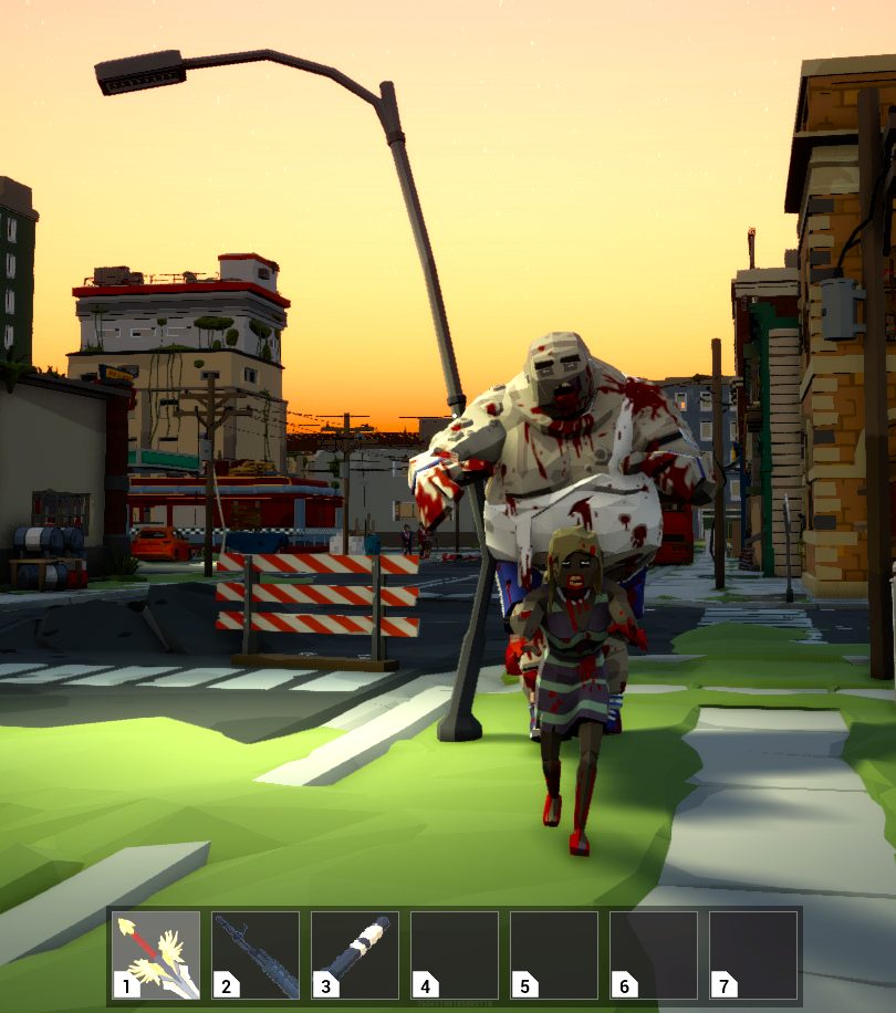 Two zombies approaching the player during sunset with their hands outstretched. 