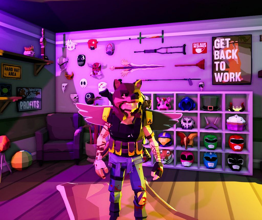 Character wearing cardboard wings and a wolf hat posing in front of a wall of collectibles: masks, weapons, and toys.