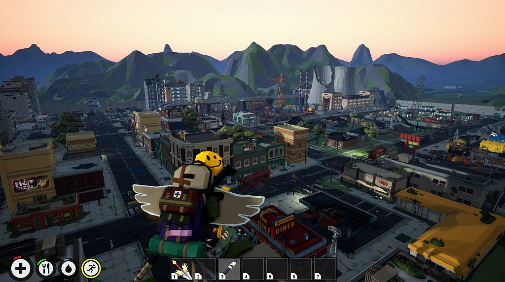 Character perched on a high building's edge looking down into a town wrecked by some form of apocalypse.