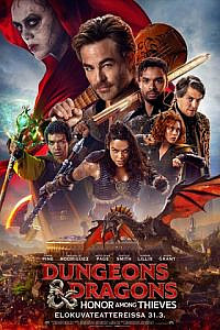 Main casts of characters with weapons and items such as a greataxe, a staff and a lute above a dragon and the title of the movie: Dungeons and Dragons: Honor among thieves