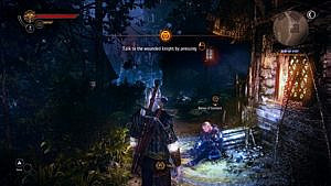 Player character centered with greenery to the left and a house to the right, non-player character sitting on ground, interface prompting to talk with said character