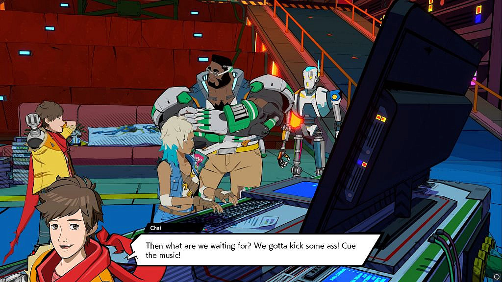 Cartoon characters standing by a computer. Laidback-looking boy named Chai says: "Then what are we waiting for? We gotta kick some ass! Cue the music!"