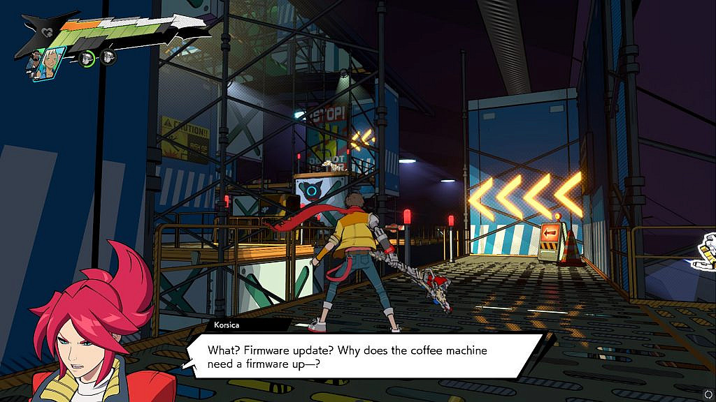 A cartoon character standing in an construction environment. A menacing red-haired woman, not seen in the image, says: "What? Firmware update? Why does the coffee machine need a firmware up—?"