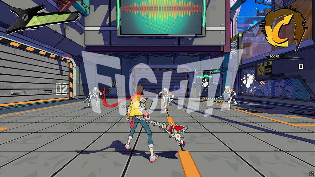 A cartoon character wielding a V-shaped guitar sword, standing opposite to sword-wielding robots in an industrial area. A giant text in the middle of the screen says: "Fight!!"