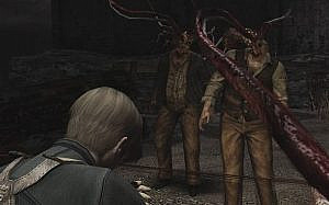 An over-the-shoulder view of a man facing two men who have grotesque insect-like parasites with long tentacle-like things coming out of their heads