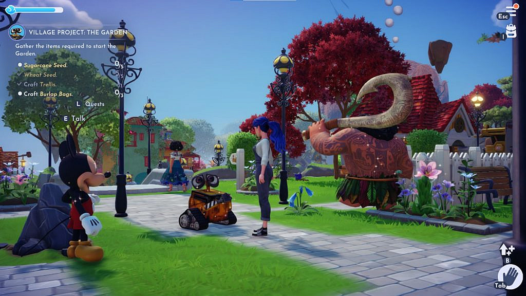 Dreamlight Valley characters are wandering around the summery village, with the player and robot WALL-E in the middle of it.