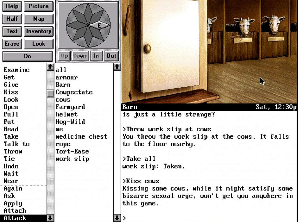 Some cows in a stable, player has tried to kiss the cows, the game humorously comments on this action