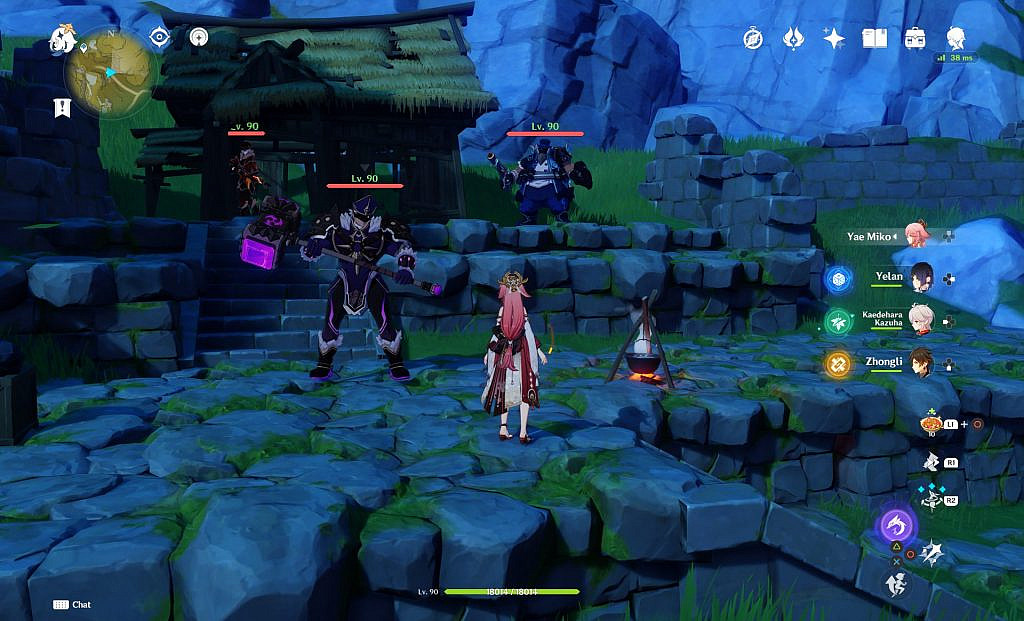 pink haired character standing in front of enemies