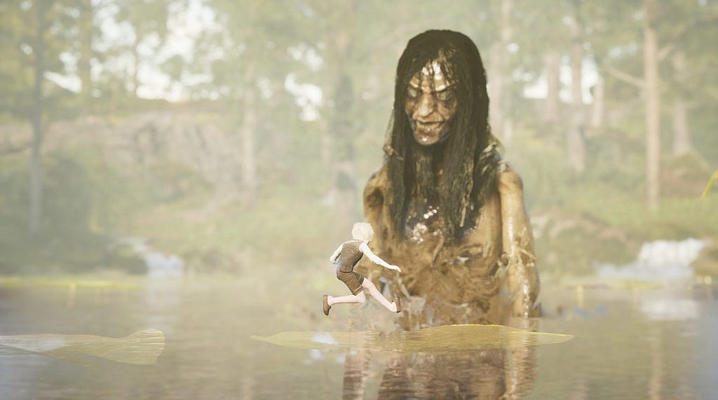 boy jumping on water lilies in front of a human like creature