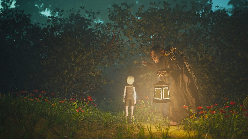 a troll showing a way to a young boy