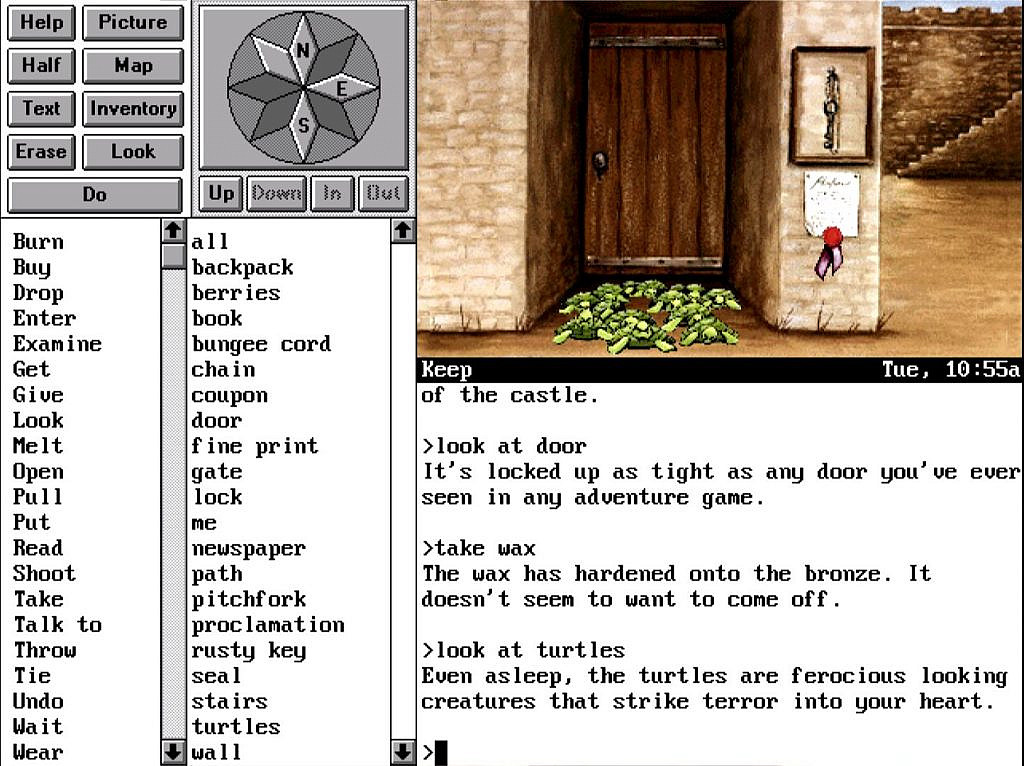 Turtles on the ground, castle walls and a door in the background