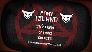 White main menu options on a black and red background. It says "SATANTECH INCORPORATED -666" at the bottom.