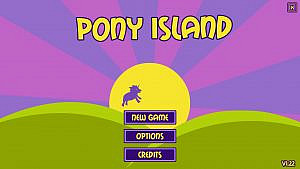 A purple start menu with a sun in yellow and a pony hopping across a green meadow.
