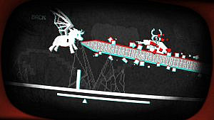 A winged white pony on a black background shooting lasers at an enemy.