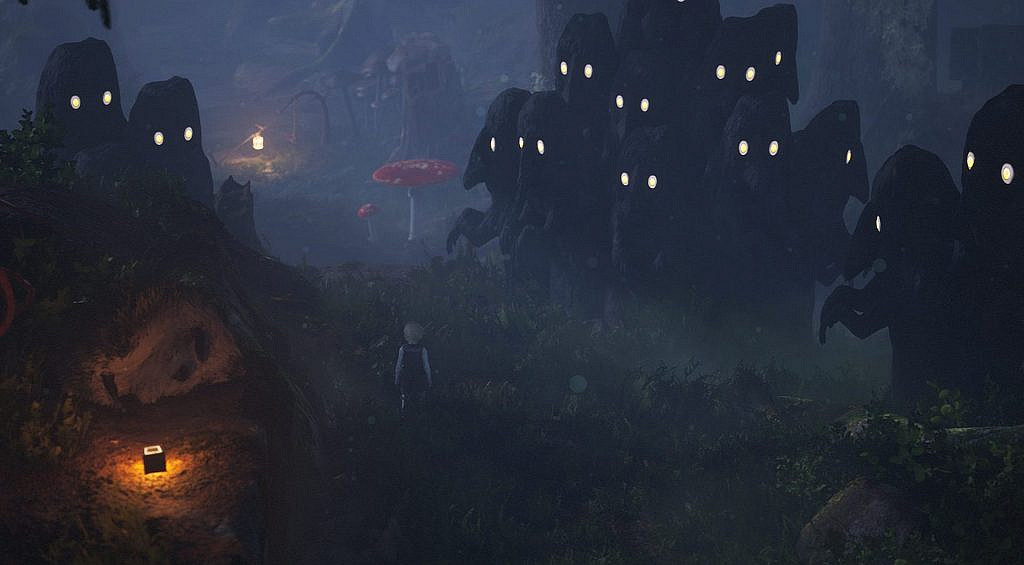 small boy in a dark forest, black creatures with bright eyes