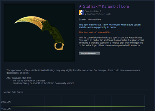 Karambit knife with a specific, golden skin, information text about purchasing.