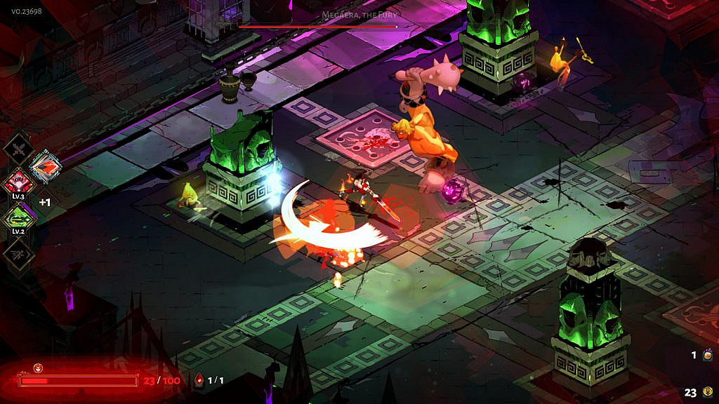 Gameplay from Hades. A man swinging a sword against enemies in a dungeon.