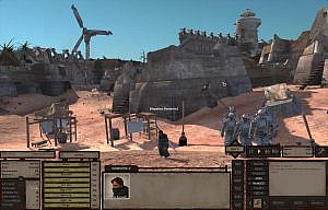 player character standing sideways, various structures and stands behind her, a patrol of guards walking to the right of her