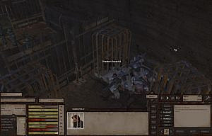 player character in a cage, group of people kneeling beside the cage, inside a dark building with multiple cages