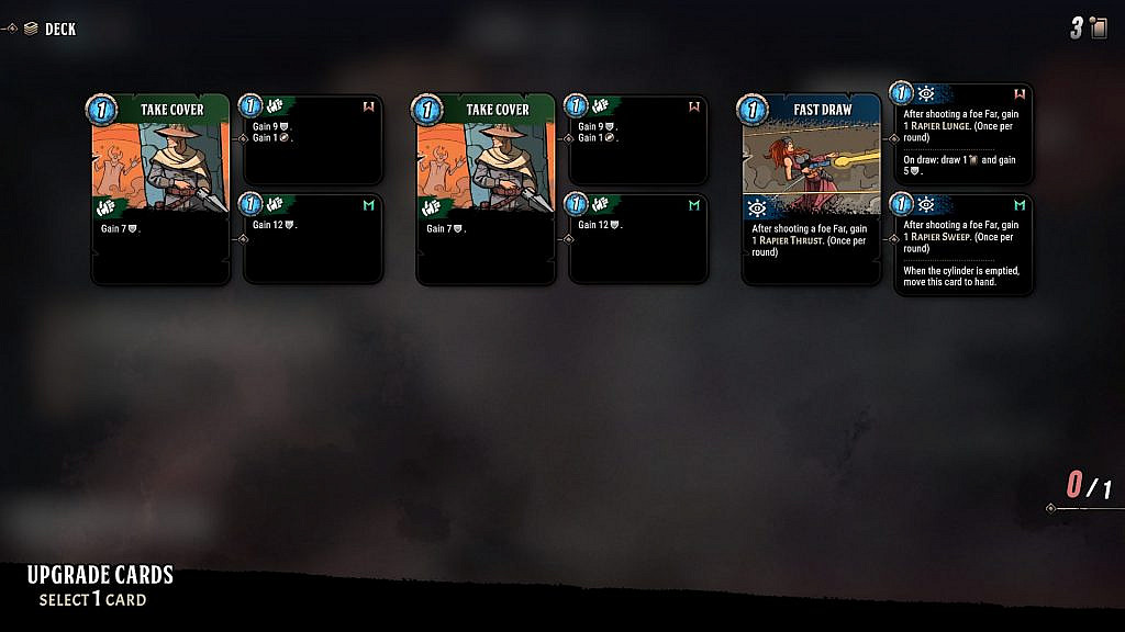 Three cards from the game alongside their options for upgrade.