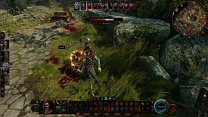 player character slashing an enemy with a sword on the side of a cobbled road, rocky cliff on the right, blood splatters on the ground, various user interface elements shown around edges of screen.