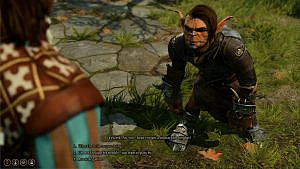 over-the-shoulder view of the player character, facing a goblin character with a wary expression, subtitles with dialog options