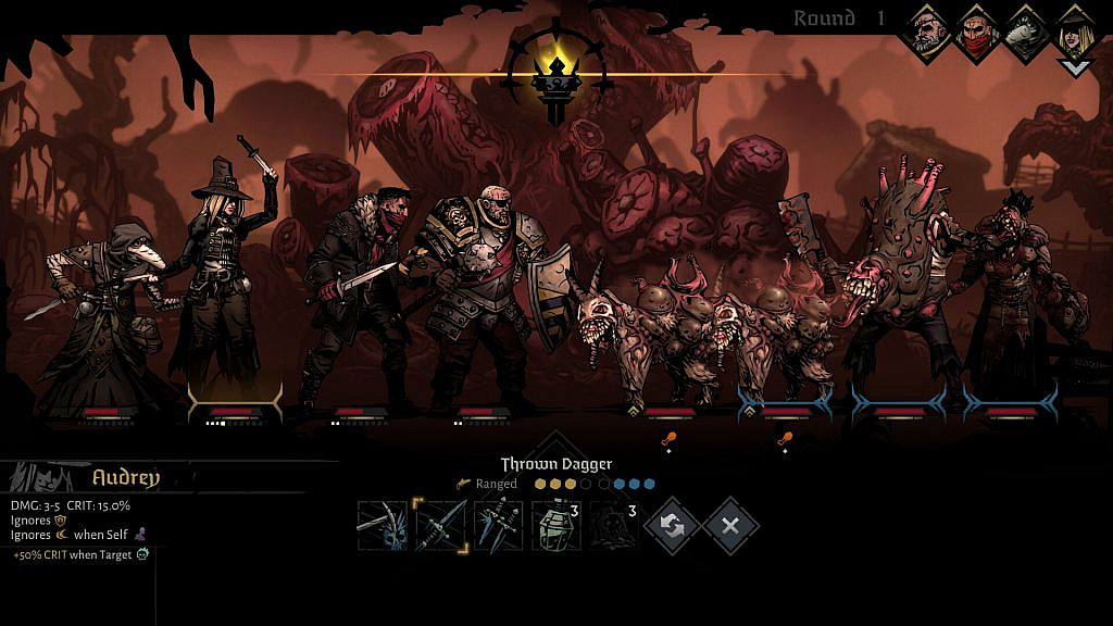 Image of darkest dungeon II, depicting the heroes in combat with Foetor enemies.
