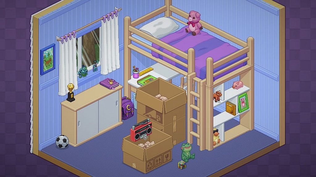 A child's bedroom with moving boxes