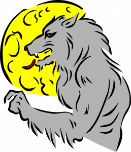 In front of a yellow moon on a black canvas, there is a grey werewolf with red eyes who is pointing their index finger at something outside the image.