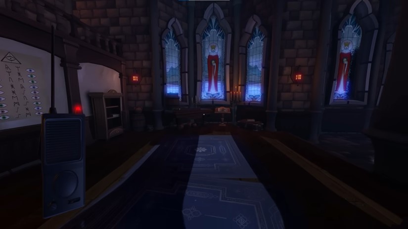 In the dim castle, walls are covered with symbols and pictures, and lanterns hang, casting a soft light. Player's walkie-talkie on the side of the picture.