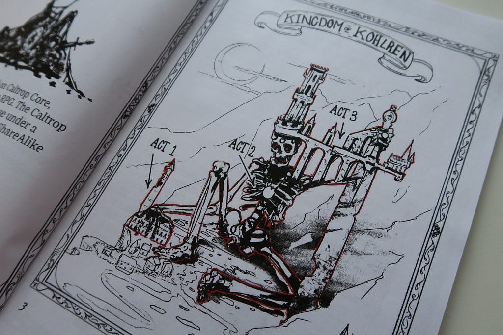 Map of the three acts. Giant skeleton that has city on its feet and old ruins on its head.