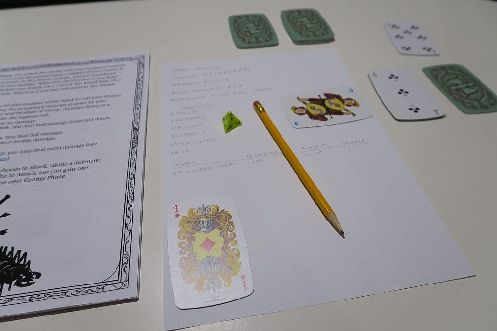 Game mid play. The cards that make the different acts on top right, instructions on left. In the middle paper for character notes.