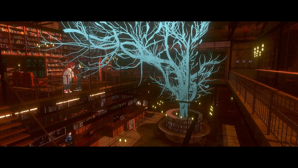 An eerie glowing tree, in the middle of a coffeeshop, surrounded by a little library.