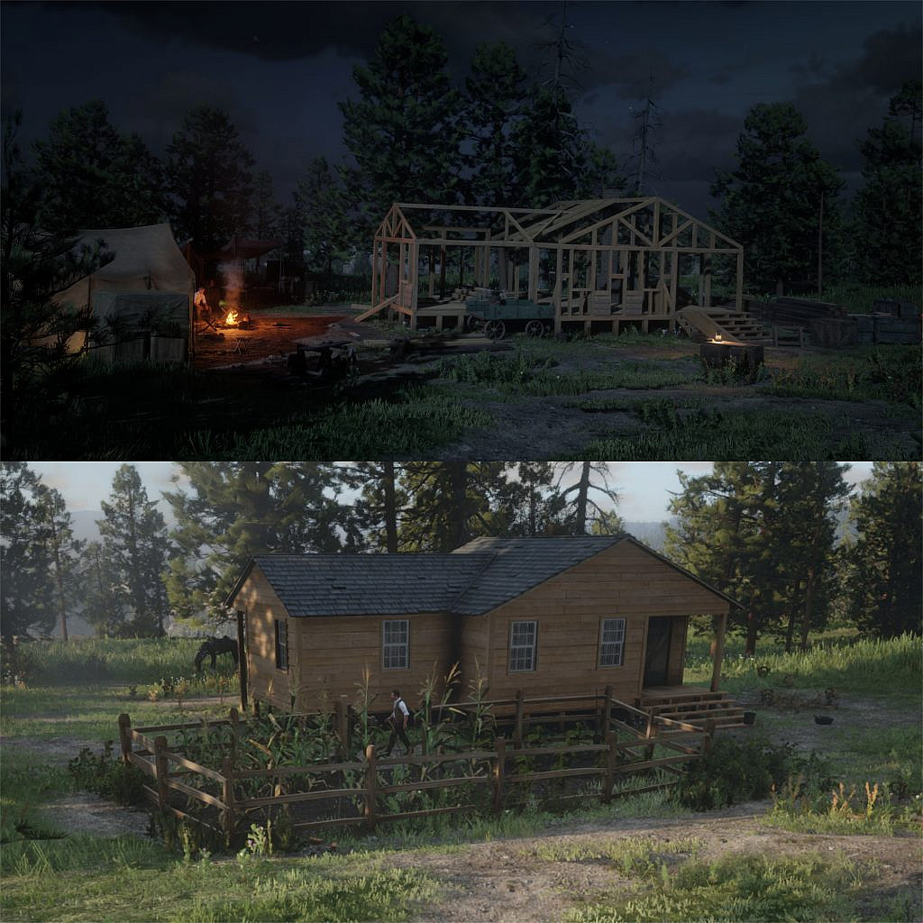 The foundation of a wooden house, builder camping near it. Underneath it a built wooden house with a garden