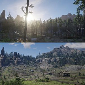 scenery of a logging area, lot's of trees. Underneath it Same scenery of the logging area, no trees left